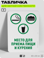 Табличка для частной территории "Место для приема пищи и курения", на дом, для участка, для подъезда, организаций и частных территорий, предупреждающая, 40х30 см, Silver Plane x Айдентика Технолоджи