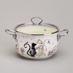 КАСТРЮЛЯ AGNESS ЭМАЛИРОВАННАЯ СО СТЕКЛЯННОЙ КРЫШКОЙ СЕРИЯ "LAVENDER CATS", 3,8 Л ДИА. 22СМ