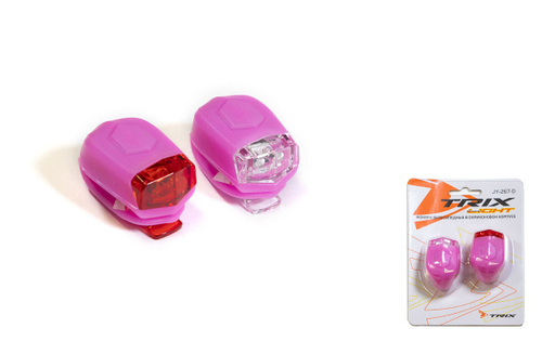 Фонари TRIX передний/задний, 2 суперъярких диода, 3 режима, крепеж на руль/подседельный штырь, батарейки в комплекте, силикон, розовый
