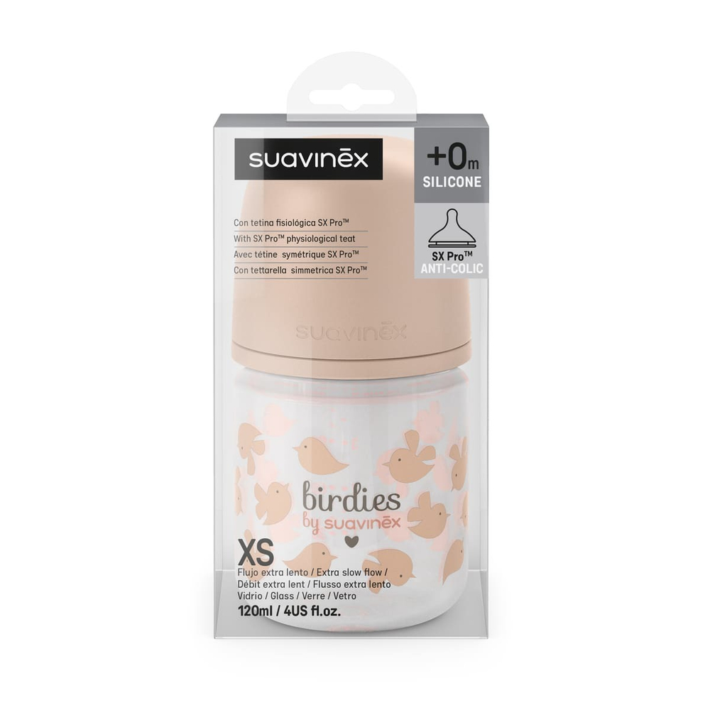 Стеклянная бутылочка для кормления Suavinex Birdies 120 мл, 0+ мес, розовая