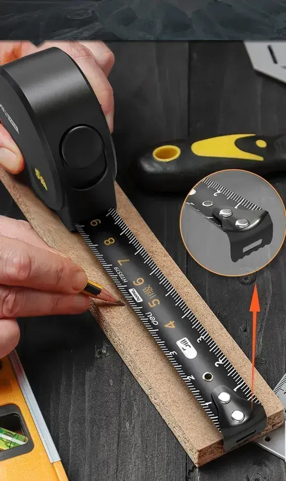 Рулетка "Home Series Black" Deli HT8519 5мх19мм (Эксклюзивный дизайн, корпус из софттач пластика, противоскользящая резиновая вставка, подарочная упаковка)