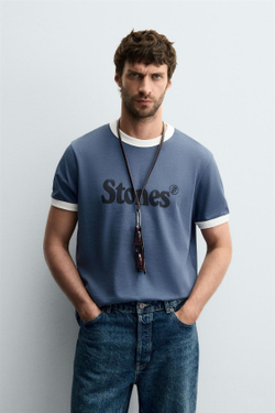 ZARA ФУТБОЛКА THE ROLLING STONES ®, ВЫЦВЕТШИЙ СИНИЙ