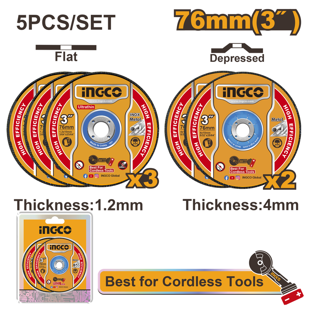 Набор кругов по металлу INGCO MCD303768 76х22,2 мм Metal/Inox 5 шт.