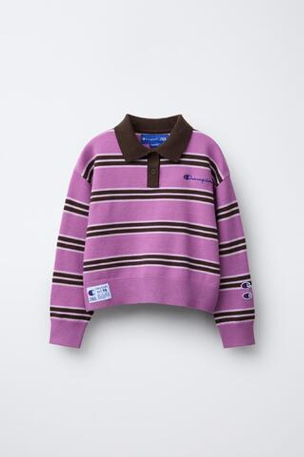 ZARA X CHAMPION ® ТРИКОТАЖНЫЙ ДЖЕМПЕР В ПОЛОСКУ С ВЫШИВКОЙ, ЛИЛОВЫЙ