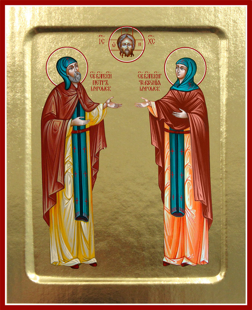 Икона Петра и Февронии Муромских, благоверных (каноническая, коричн.) на дереве: 125 х 160 (Синопсис