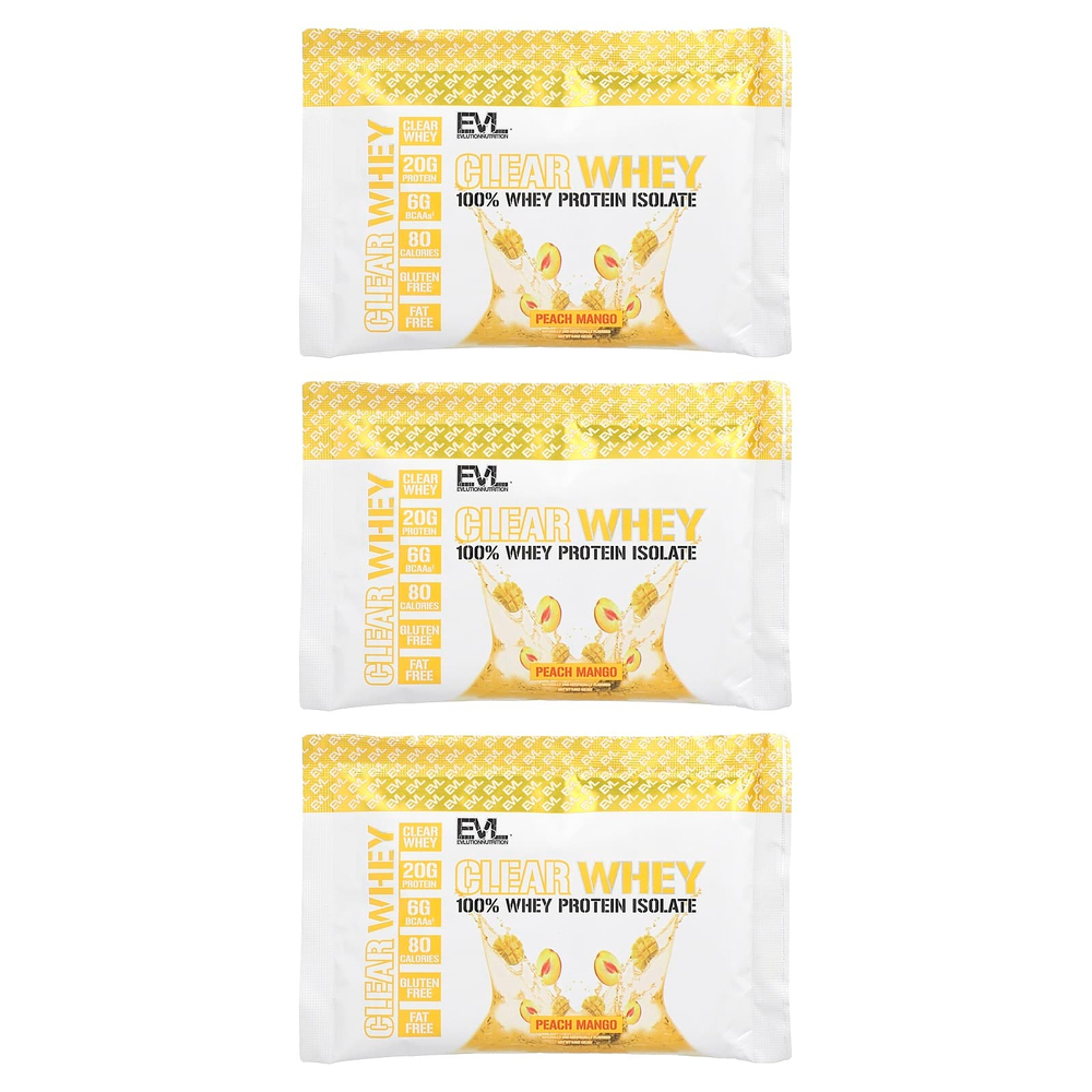 EVLution Nutrition, Clear Whey, 100% изолят сывороточного протеина, персик и манго, 3 штуки, 25,5 г (0,9 унции)