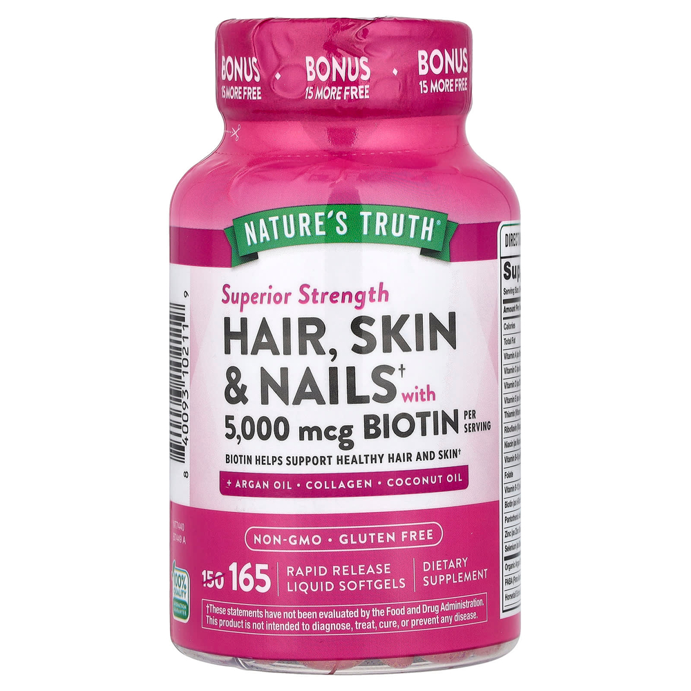 Nature's Truth, добавка для здоровья волос, кожи и ногтей с биотином, суперсила, 165 капсул с быстрым высвобождением