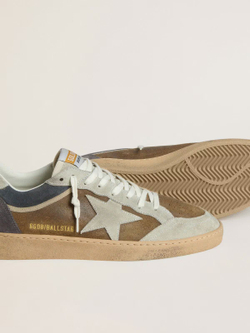 Men's Army green Ball Star shoes in waxed suede with star and heel in ice grey suede