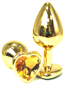 Золотистая анальная пробка с оранжевым кристаллом-сердцем - 6 см. (Цвет: оранжевый)