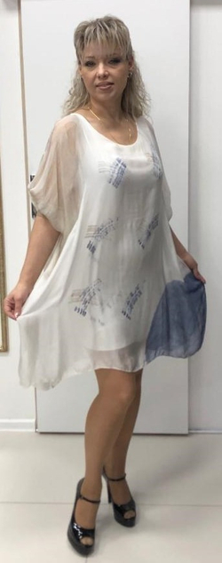 Белая двойная туника-пончо со светло-синей вставкой