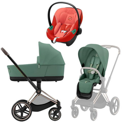 Коляска 3 в 1 Cybex Priam IV Rosegold complete и автокресло Aton S2 i-Size Hibiscus Red Leaf Green