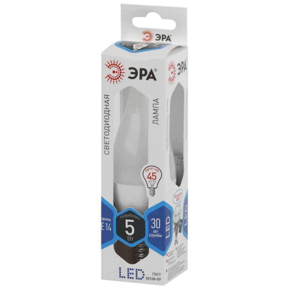 Лампа светодиодная ЭРА STD LED BXS-5W-840-E14 5Вт свеча на ветру нейтральный белый свет Е14 | Лампы cветодиодные Свеча (B/C)