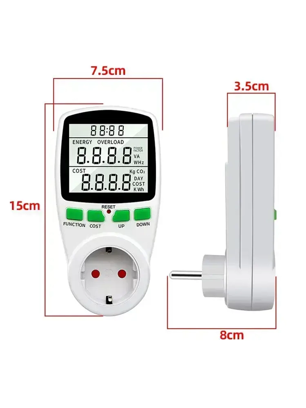 PKBFLOW Компактный цифровой ваттметр в розетку 220 В/ амперметр/ Co2 метр/ цифровой ЖК-счетчик энергии, счетчик потребления электроэнергии кВт-ч,калькуляция себестоимости Инструкции на русском языке