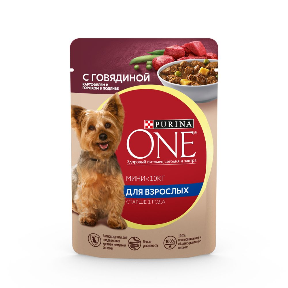 Влажный корм для собак Purina ONE для мелких пород  с говядиной, картофелем и горохом 85 г