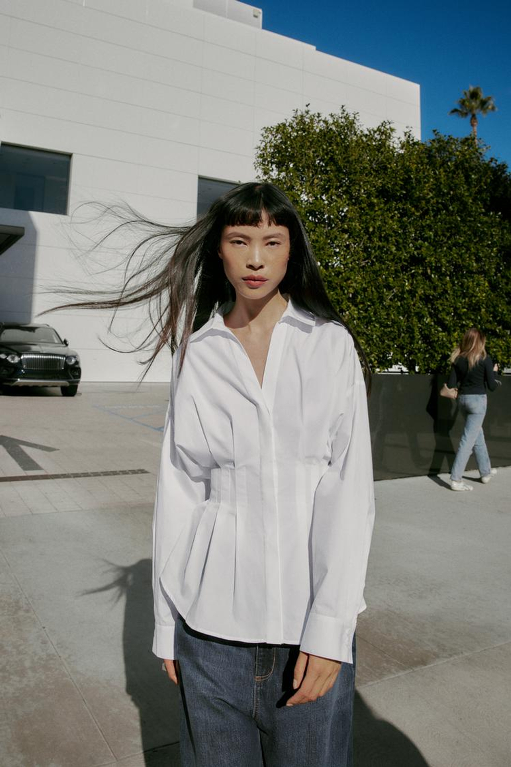 ZARA РУБАШКА ИЗ ПОПЛИНА СО СКЛАДКАМИ, БЕЛЫЙ