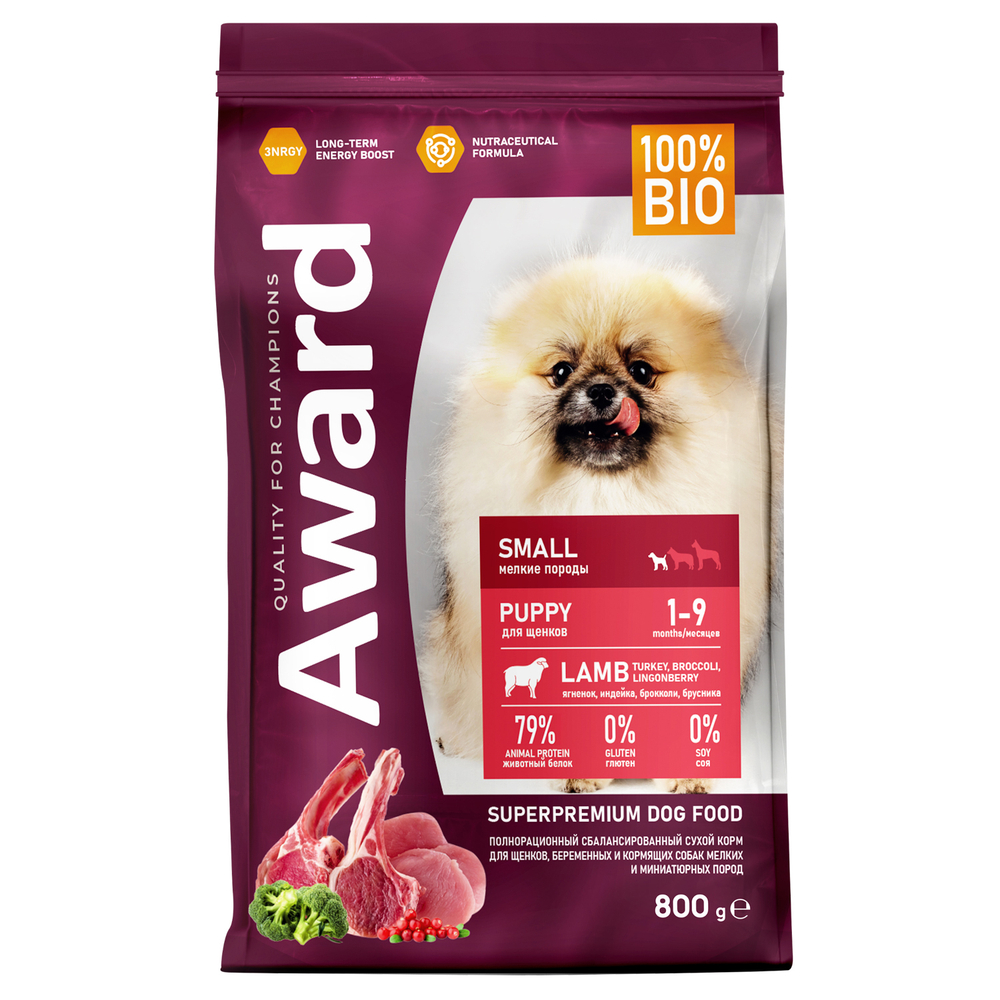 Сухой корм AWARD для щенков от 1 мес, беремен и корм сук мелких и мин. пород с ягненком и инд 800гр