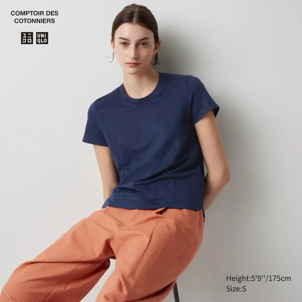 UNIQLO ФУТБОЛКА С КРУГЛЫМ ВЫРЕЗОМ И КОРОТКИМИ РУКАВАМИ, ТЕМНО-СИНИЙ