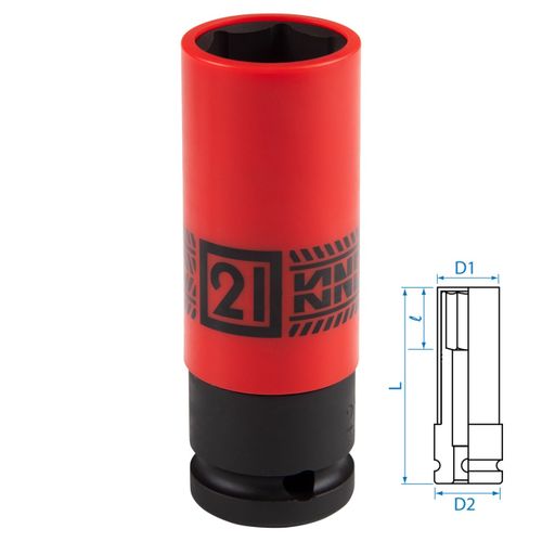 KING TONY (494521M) Головка торцевая ударная глубокая 1/2", 21 мм, тонкостенная, пластиковая защита