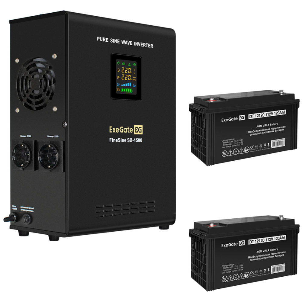 ИБП + батарея ExeGate FineSine SX-1500.LCD.AVR.2SH + 2x DT 12120 (120Ач)