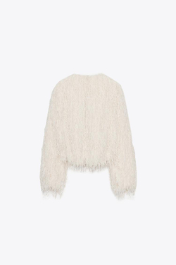 ZARA КУРТКА С БАХРОМОЙ, ПЕРЬЯМИ И МЕТАЛЛИЗИРОВАННОЙ НИТЬЮ, ЭКРЮ