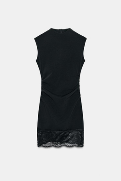 ZARA КОРОТКОЕ ПЛАТЬЕ ИЗ ЭЛАСТИЧНОЙ ТКАНИ С КРУЖЕВОМ, ЧЕРНЫЙ