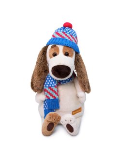 Мягкая игрушка Бартоломей в вязаной шапке и шарфе 27 см