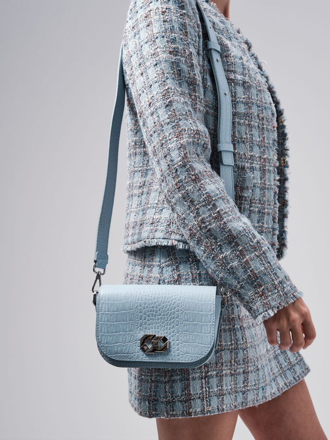 Сумка кожаная на плечо кросс-боди голубая крок