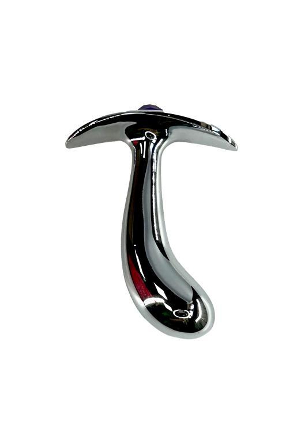 Серебристая загнутая анальная пробка для ношения c фиолетовым кристаллом - 8 см. (Цвет: фиолетовый)