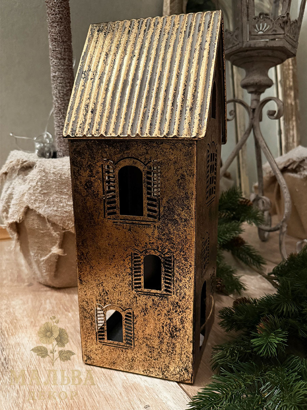Подсвечник "Домик" большой античное золото 16x16xH42 см