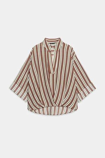 ZARA РУБАШКА В ПОЛОСКУ С ОБЪЕМНЫМ НИЗОМ, КОРИЧНЕВЫЙ/ЭКРЮ