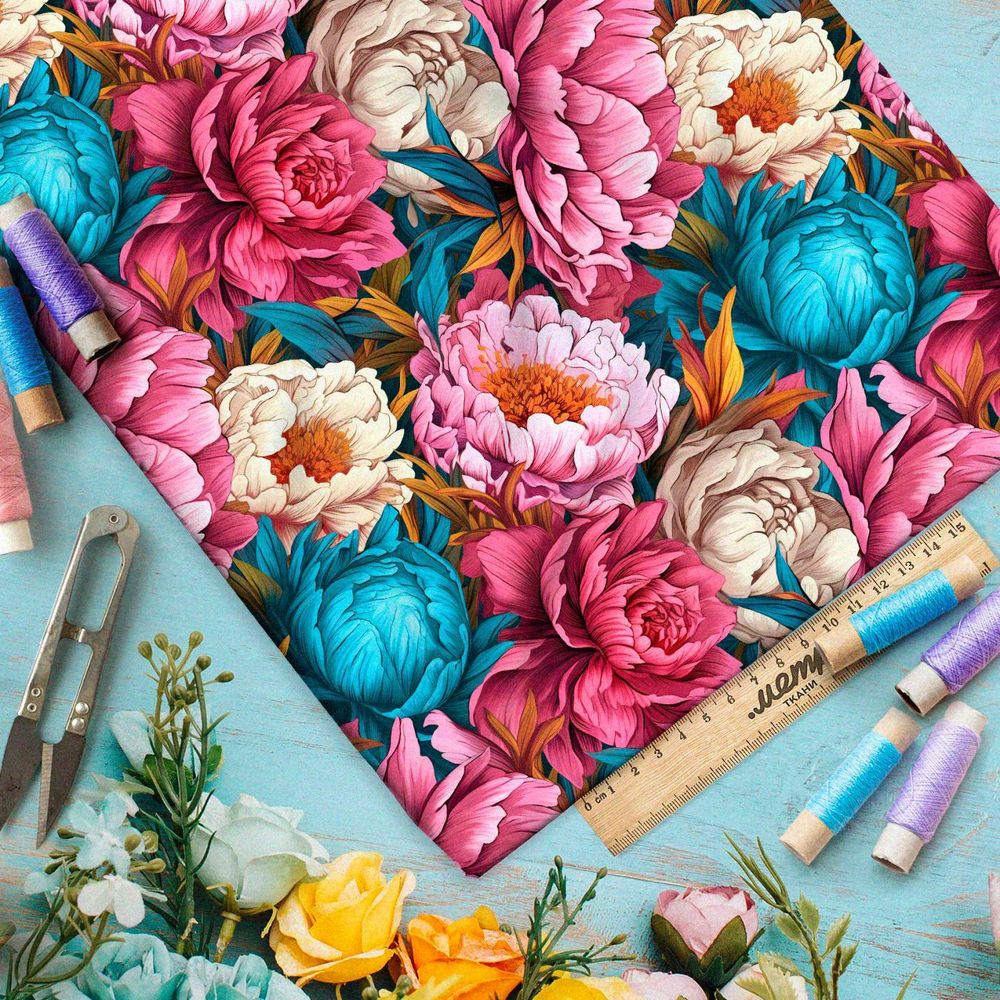 Ткань премиум сатин разноцветие роз