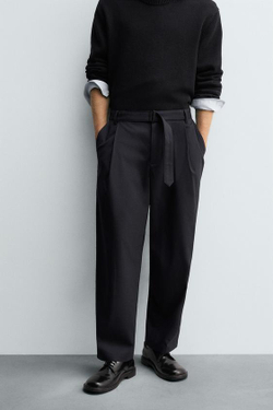 ZARA БРЮКИ RELAXED FIT С РЕМНЕМ, МОРСКОЙ СИНИЙ