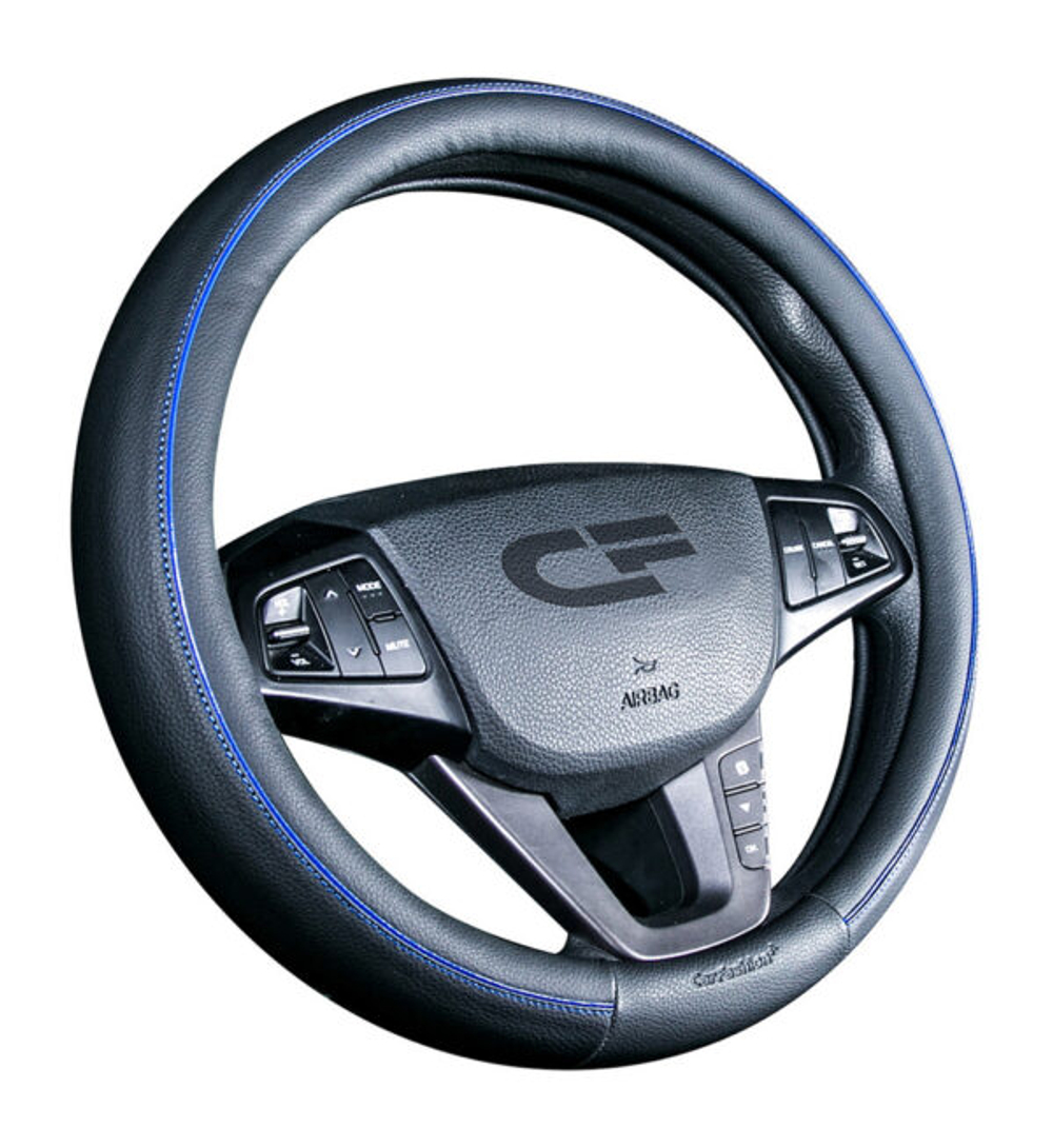 Оплетка на руль круглая CarFashion -М- «TILTAN» 31431 - Экокожа - черный/шов синий