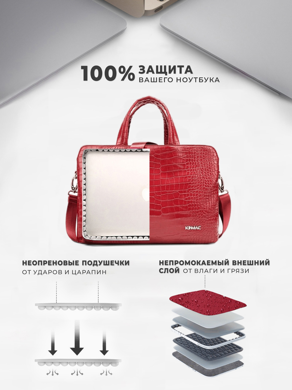 Сумка для ноутбука 15,6" и 17" с ремнем на плечо и 3 отделениями (Лакированный красный)