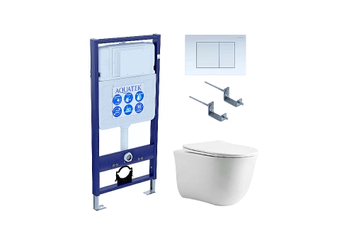 Унитаз с инсталляцией Aquatek Классик SET AQUATEK КЛАССИК cm-009 4в1 с белой кнопкой, с крышкой микролифт, безободковый
