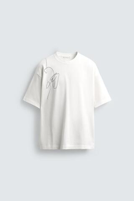 ZARA ФУТБОЛКА С ВЫШИВКОЙ И ФОТОПРИНТОМ, БЕЛЫЙ