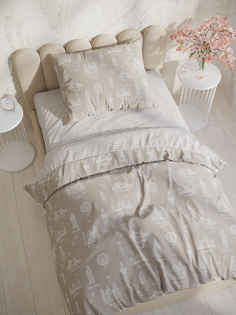 Постельное белье Сказка "Туманный альбион/Лутон" 1,5-сп Наволочка 50х70 см 1 шт Простынь на резинке 90х200 см Пододеяльник 145х215 см, перкаль