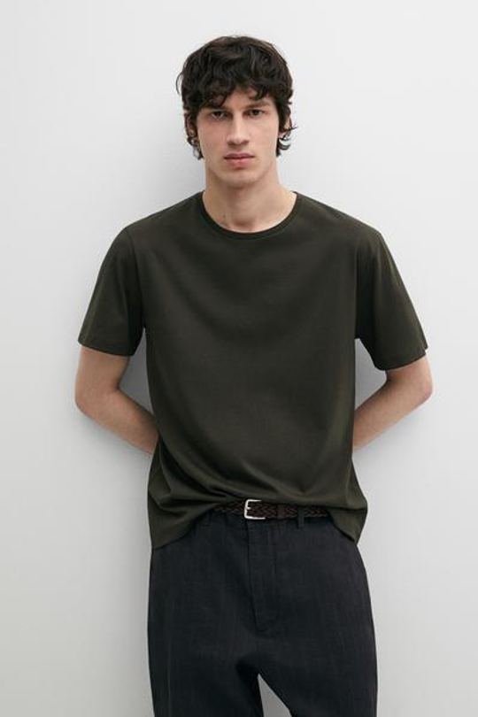 Massimo Dutti Футболка из 100% хлопка с декоративными деталями на плечах, темно-зеленый