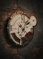 Настенные часы WOODandROOT Automaton 1789 Hermitage с открытым механизмом и шестерёнками в индустриальном интерьере