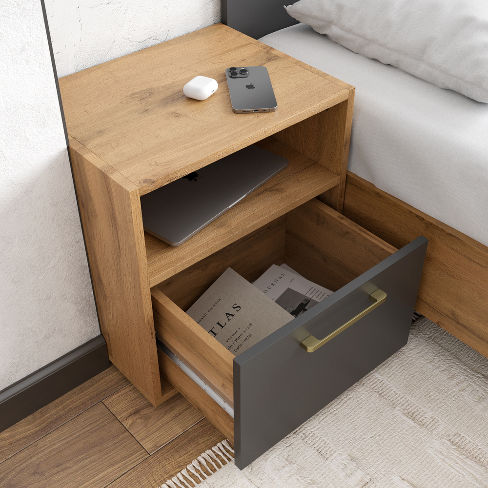 Прикроватная тумба DIWO Кострома 45x48х35 см дуб вотан, антрацит, ручка золото