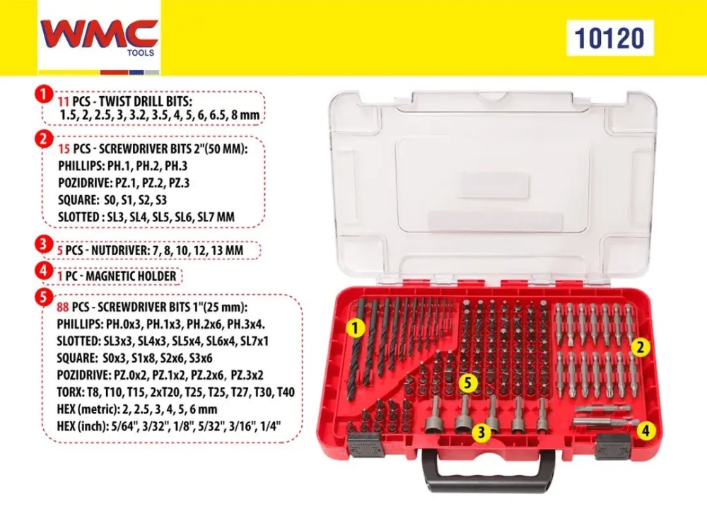 Набор бит и сверл 120пр. в пластиковом футляре WMC TOOLS WMC-10120