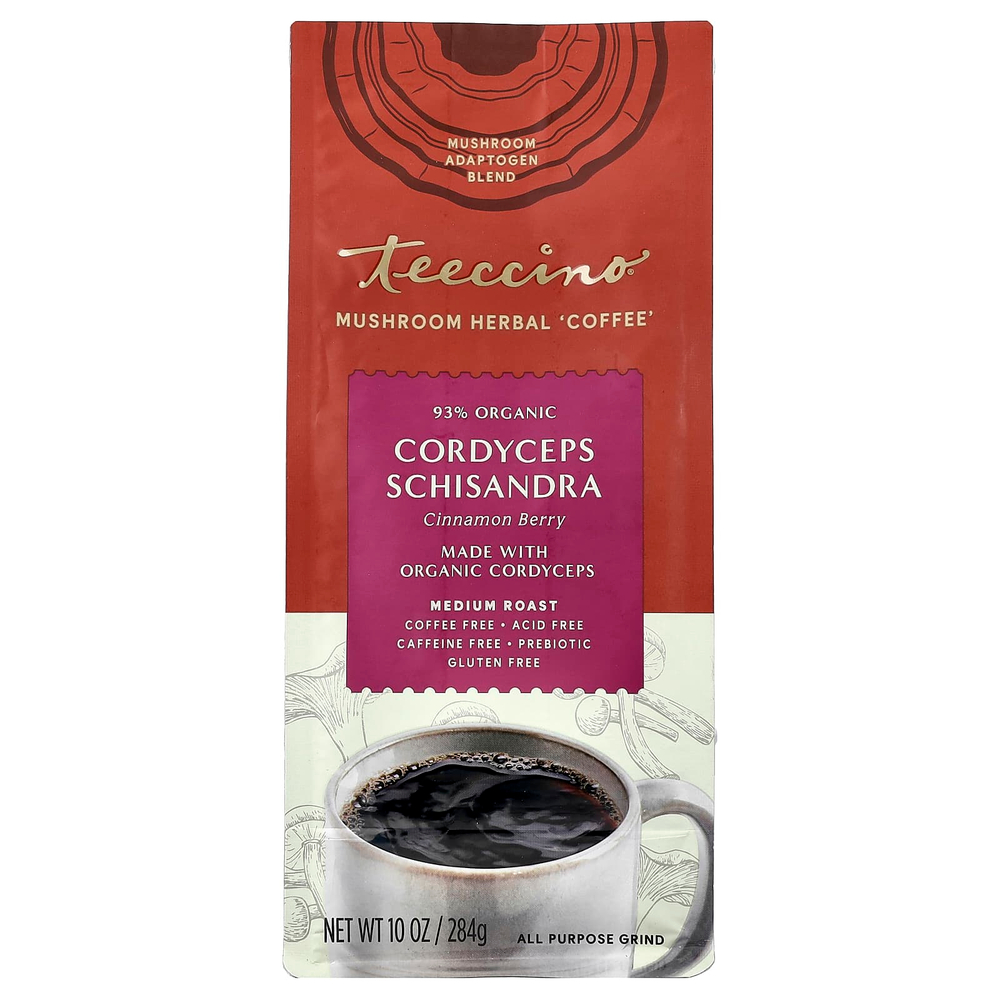 Teeccino, Травяной кофе с грибами, кордицепс и лимонник, ягоды корицы, средней обжарки, без кофеина, 284 г (10 унций)