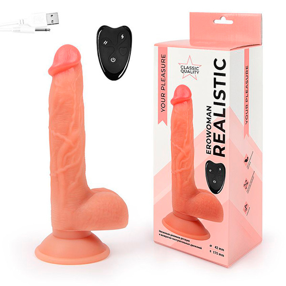 Телесный реалистичный вибратор-ротатор с возвратно-поступательными движениями и пультом ДУ Bior Toys Erowoman-Eroman ER-30072