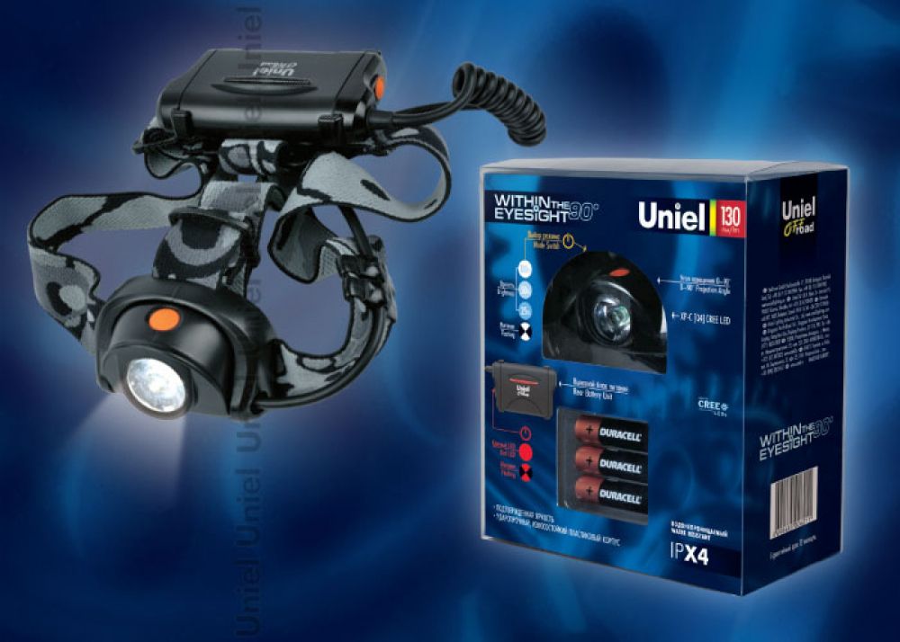 P-HL082-CB Black Фонарь серии Uniel-offroad «Within eyesight 90°». XP-E Cree White LED. 3х1,5B ААА в/к. Пластик. Черный. TM Uniel.