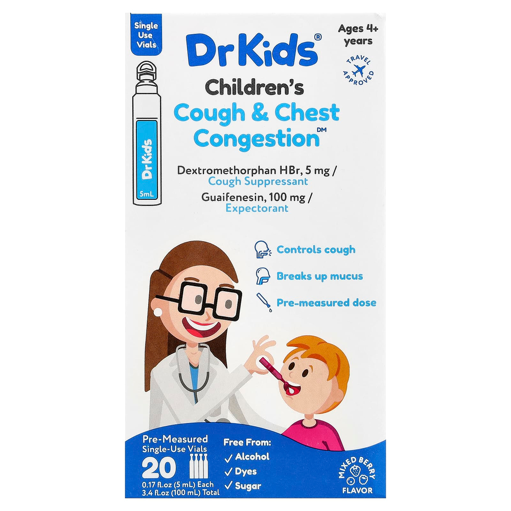 DrKids, Children's Кашель и заложенность носа, от 4 лет, ягодная смесь, 20 одноразовых флаконов по 5 мл (0,17 жидк. унции)
