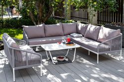 "Канны" диван модульный плетеный из роупа, каркас алюминий белый, роуп светло-серый круглый, ткань светло-серая