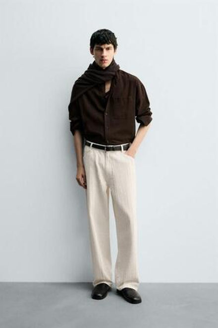 ZARA ДЖИНСЫ В ПОЛОСКУ С РЕЛЬЕФНЫМ УЗОРОМ, ЖЕЛТОВАТО-БЕЛЫЙ