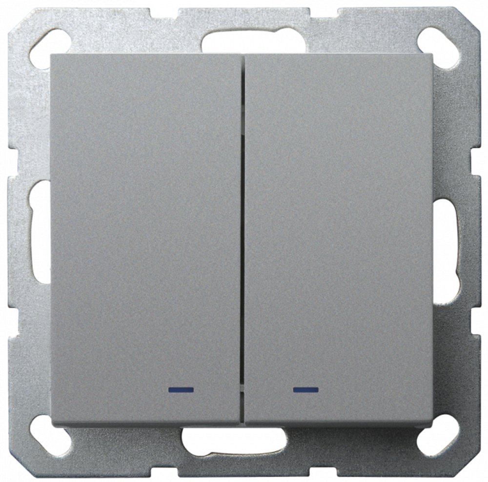 Выключатель двухклавишный со светодиодами 10A 250V~ с накладкой, цвет Алюминий