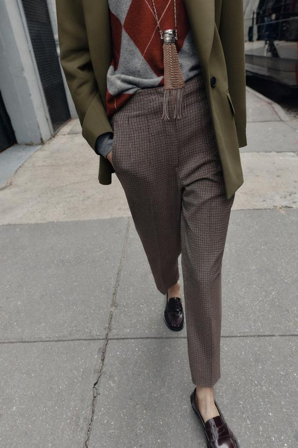 ZARA БРЮКИ В КЛЕТКУ С ВЫСОКОЙ ПОСАДКОЙ, КОРИЧНЕВЫЙ