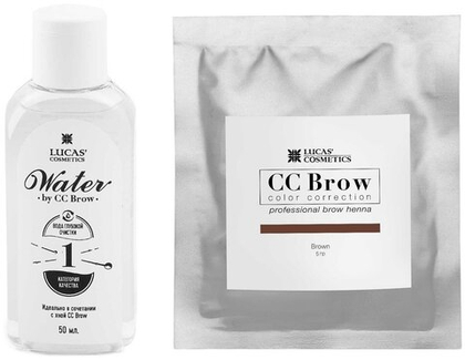 Набор (Вода для разведения хны Water, 50мл+ Хна для бровей (brown) в саше (коричневый),5гр)